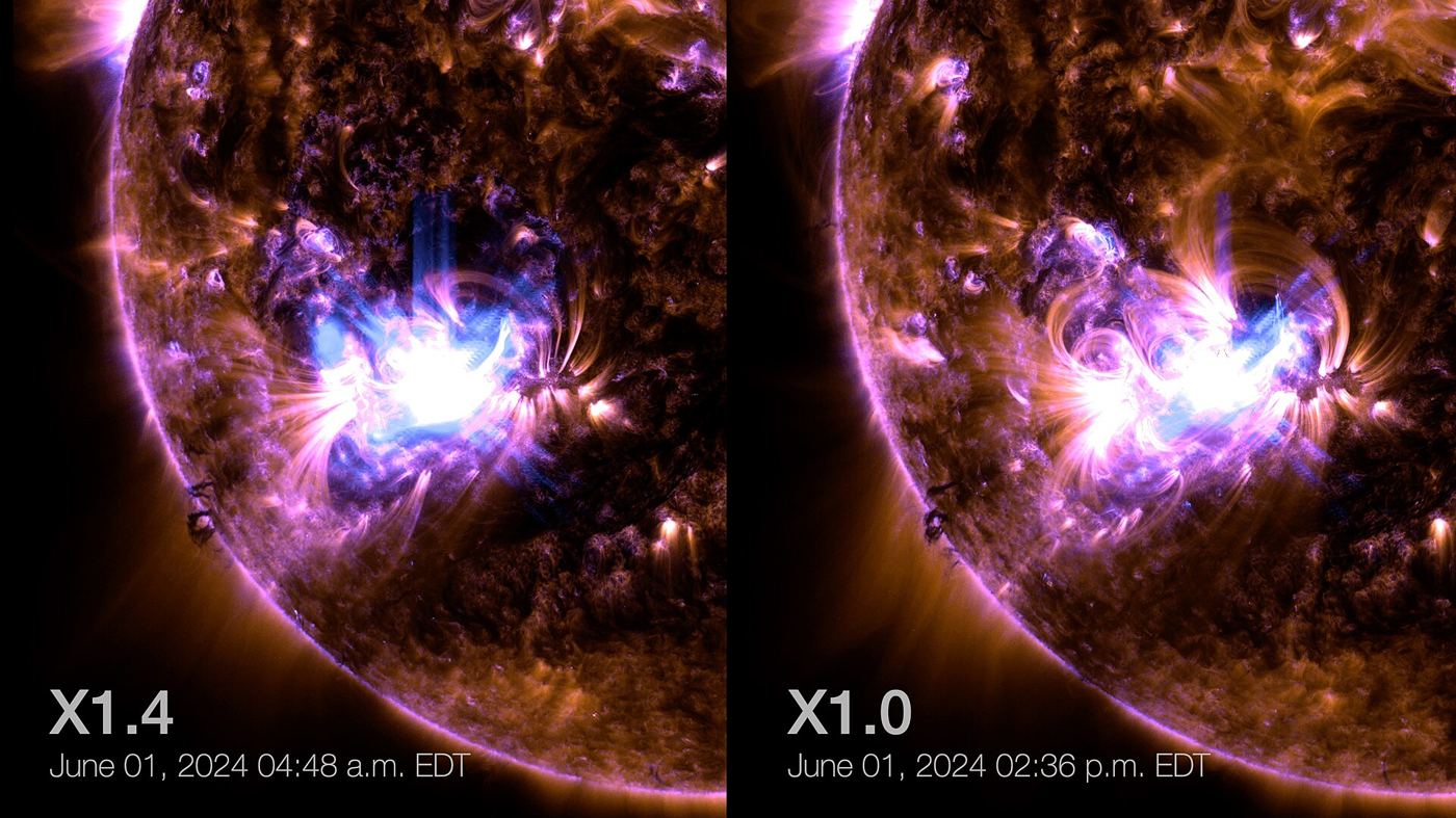 The sun erupting with a bright solar flare, captured by a space telescope against the darkness of space.
